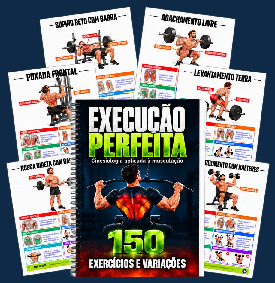 Capa do Guia Execução Perfeita com fichas de supino, agachamento, puxada, terra, rosca e desenvolvimento